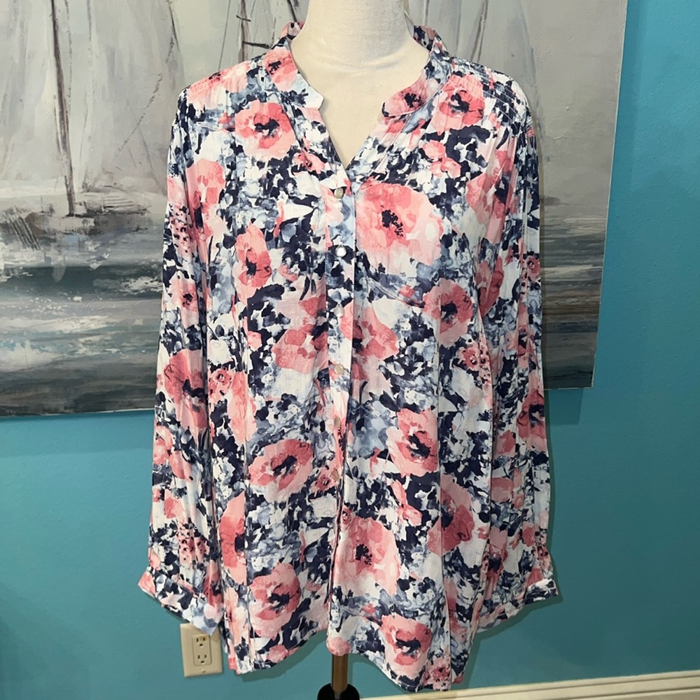 NWT Allison Daley Petites Floral Button Down Blouse, PXL